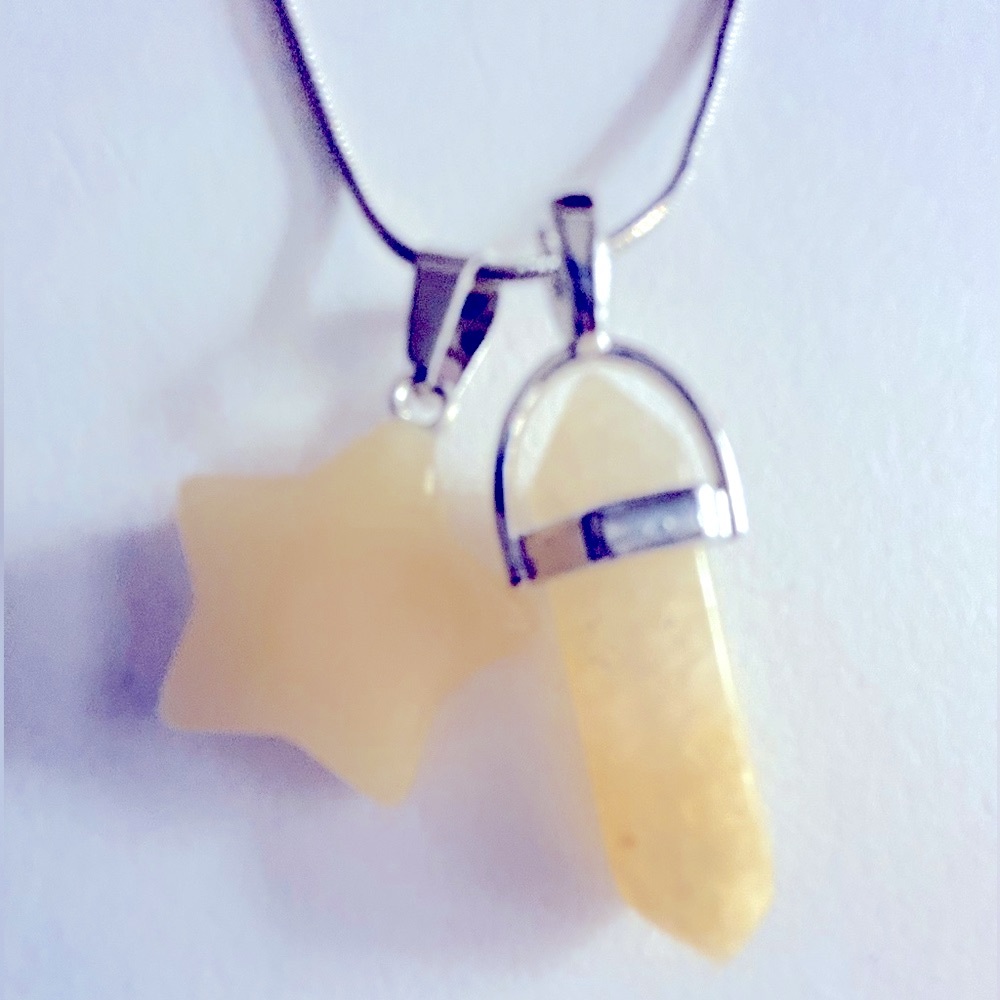 NWOT Necklace yellow Aventurine & Onyx Star & Point Pendants .925 sp. chain 18”